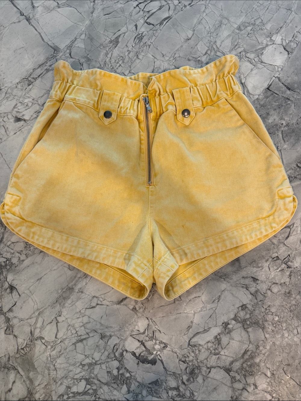 Sea Yellow High-Waist Paperbag Shorts with Front Zip